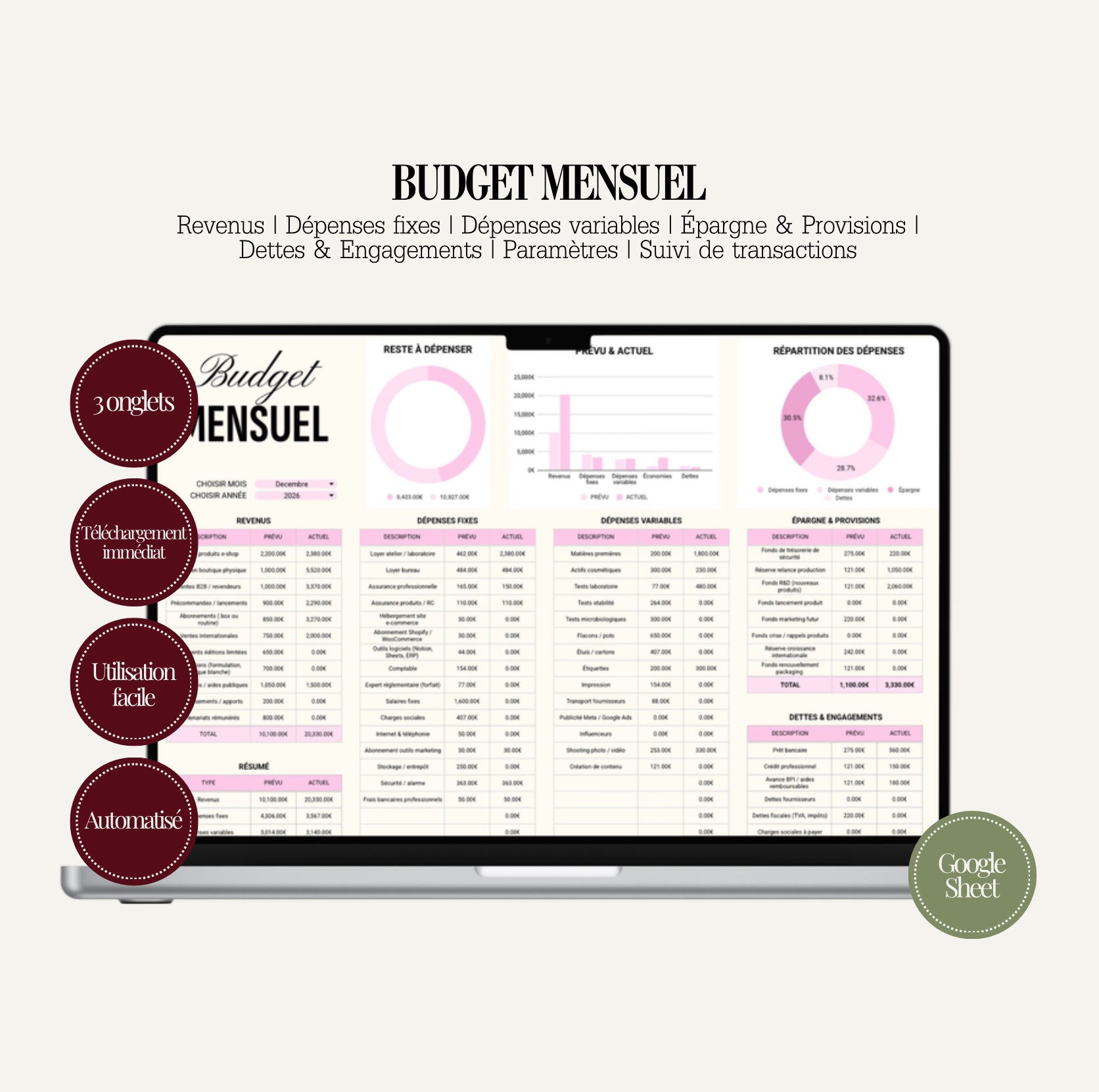 Budget Mensuel – Google Sheets | Gestion Finance Personnelle & Business Beauté