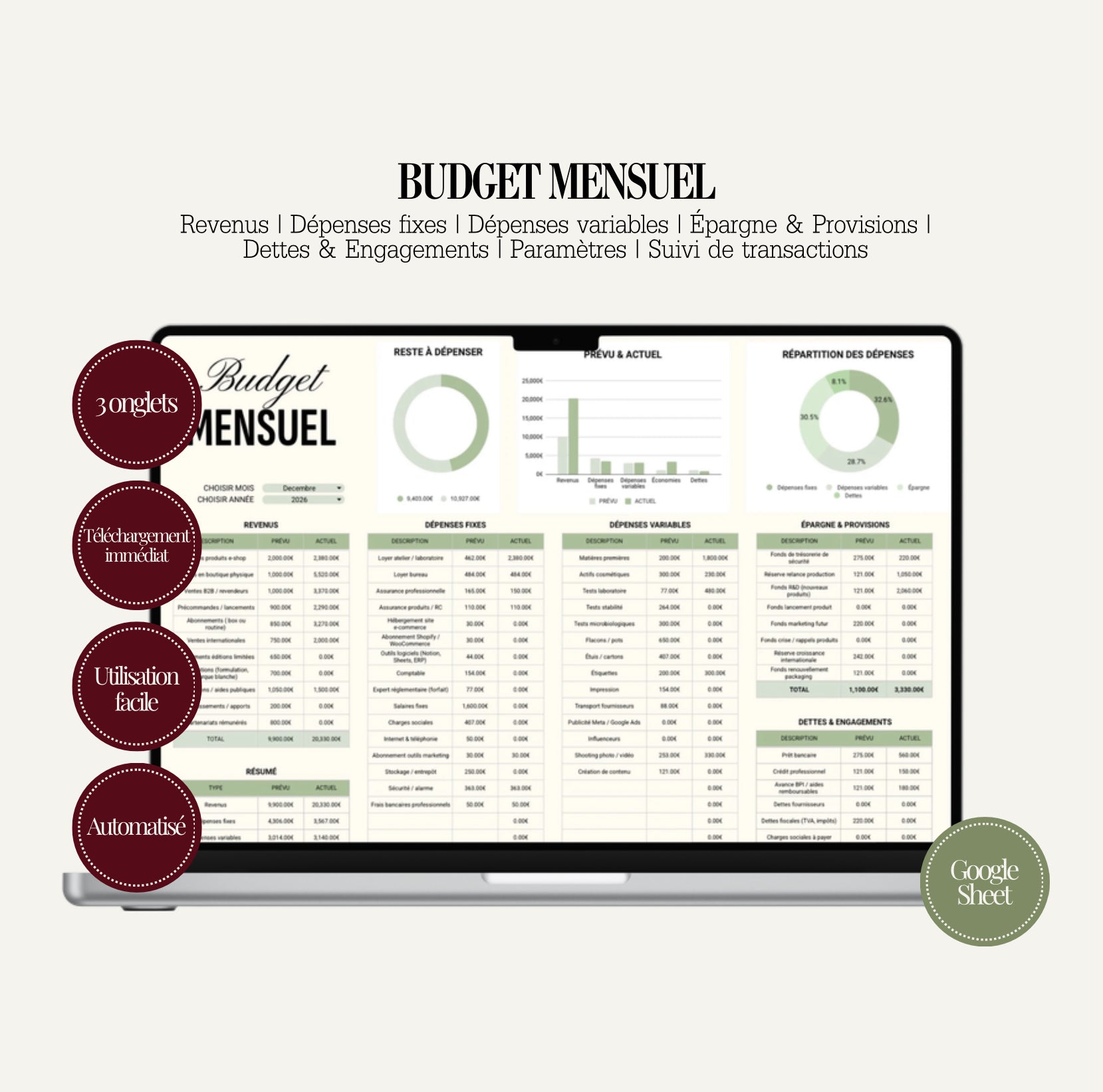 Budget Mensuel – Google Sheets | Gestion Finance Personnelle & Business Beauté