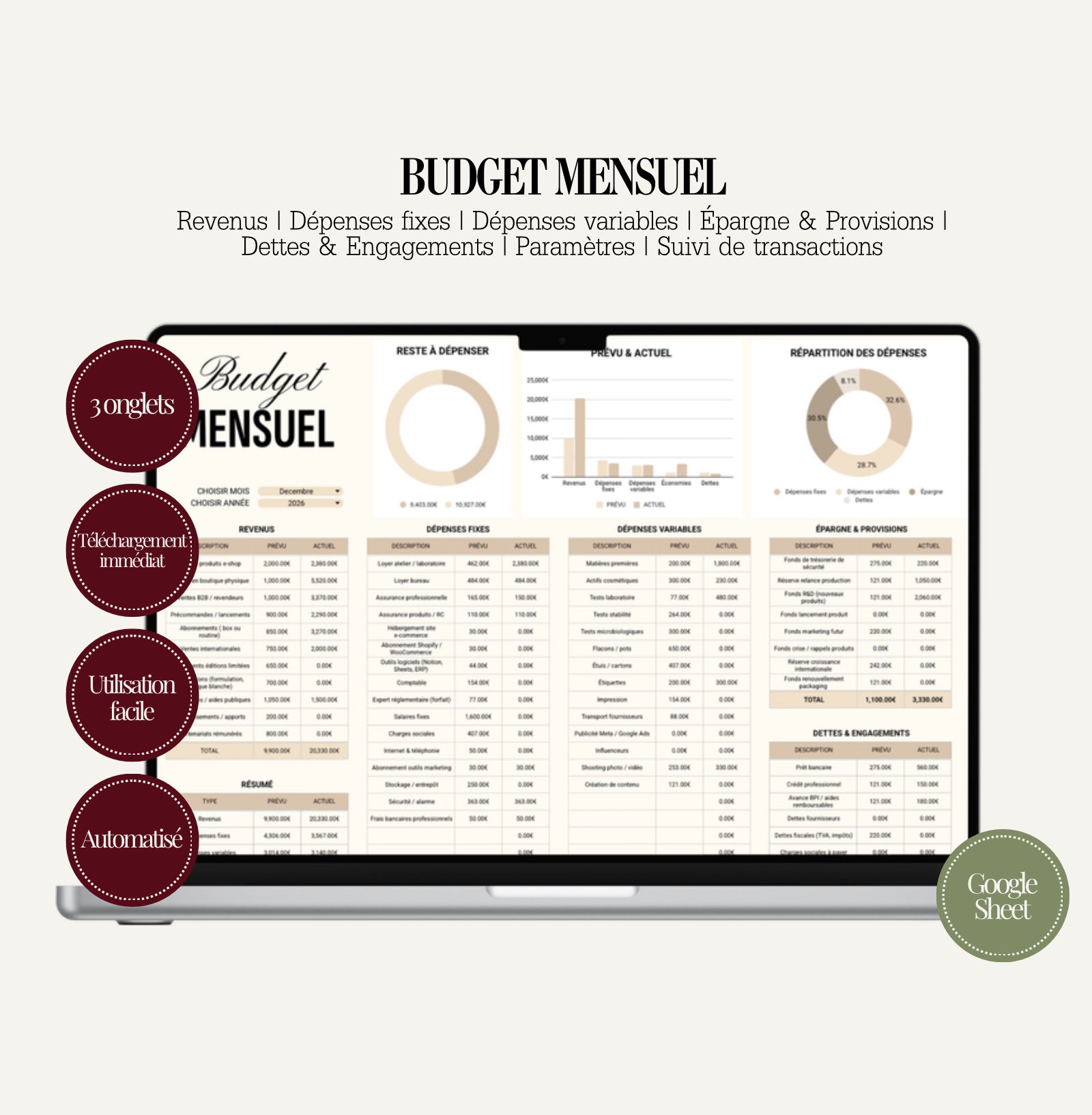 Budget Mensuel – Google Sheets | Gestion Finance Personnelle & Business Beauté