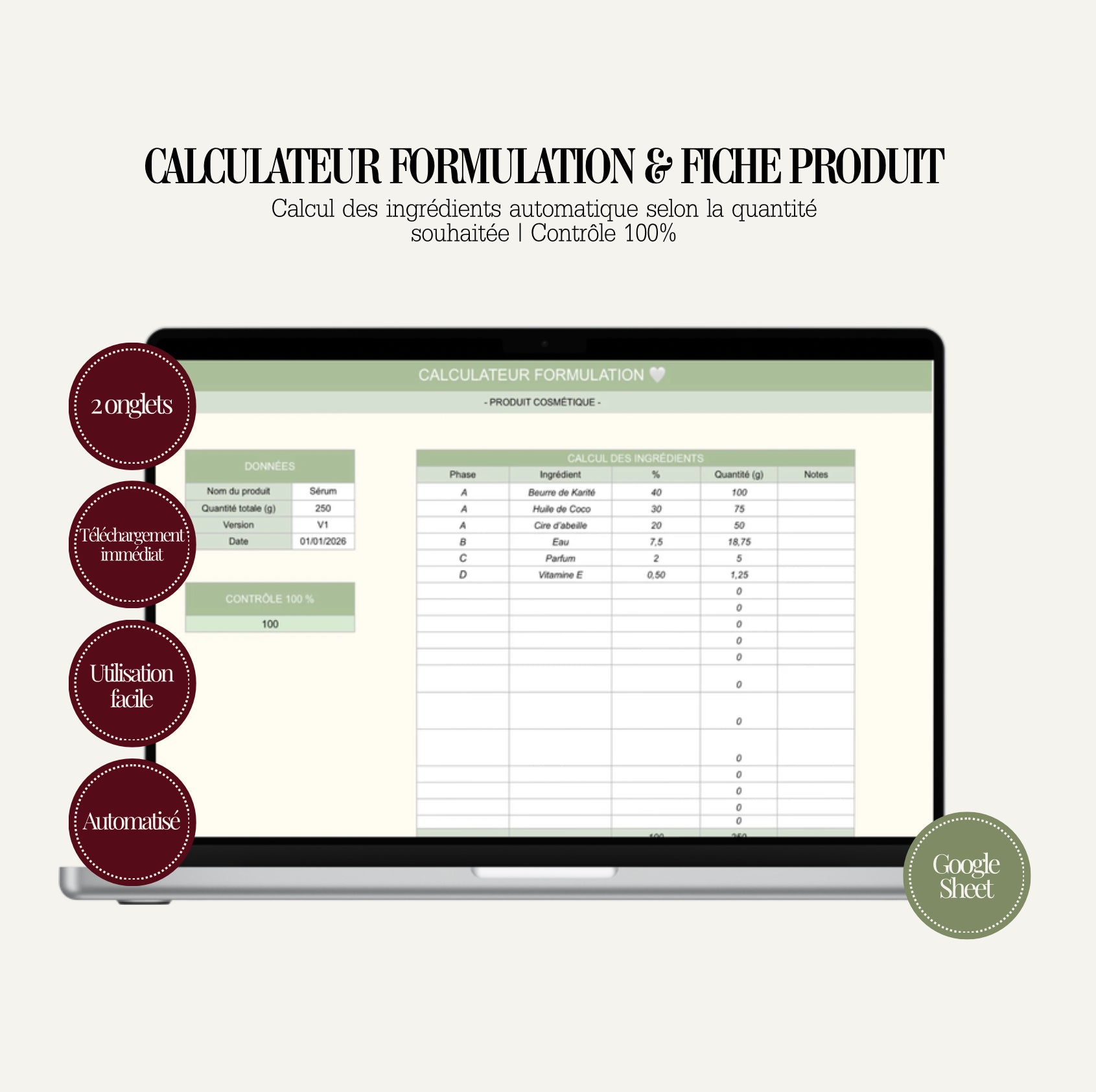 Calculateur Formulation & Fiche Produit Cosmétique – Template Google Sheets Professionnel