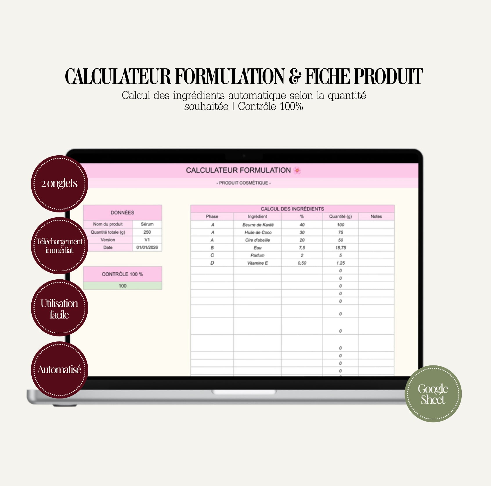 Calculateur Formulation & Fiche Produit Cosmétique – Template Google Sheets Professionnel