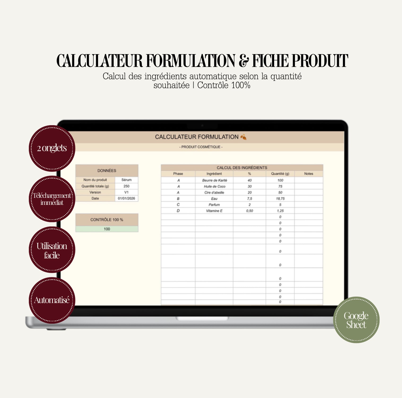 Calculateur Formulation & Fiche Produit Cosmétique – Template Google Sheets Professionnel