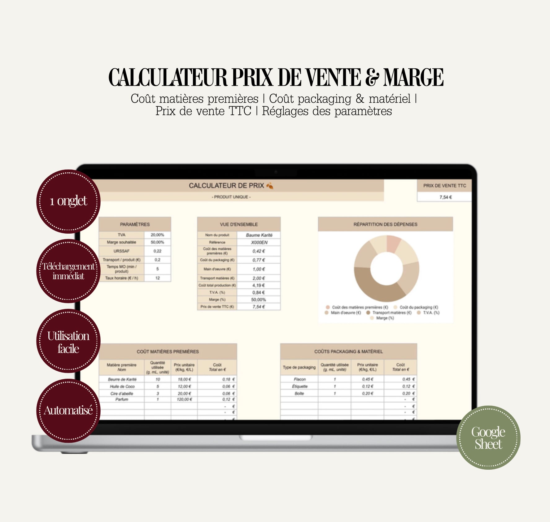 Calculateur Prix de Vente & Marge – Template Google Sheets