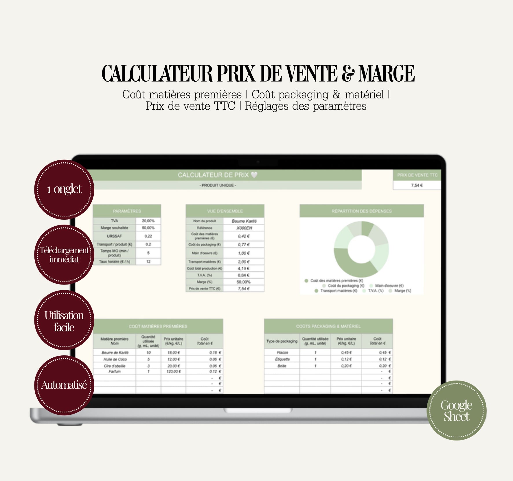 Calculateur Prix de Vente & Marge – Template Google Sheets