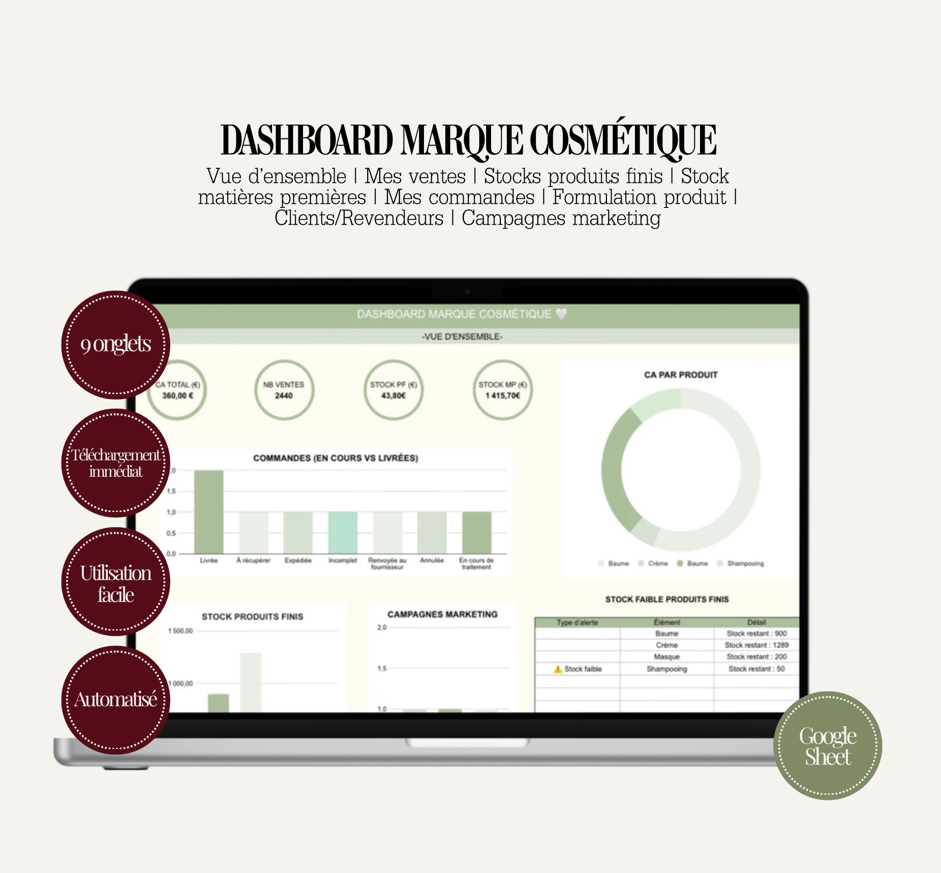 Dashboard Marque Cosmétique – Template Google Sheets Gestion Complète