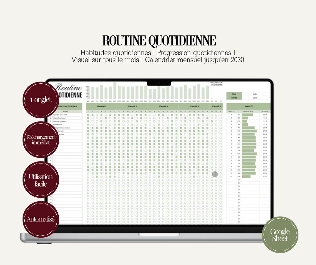 Routine Quotidienne – Planner Google Sheets pour Entrepreneur(e) Beauté