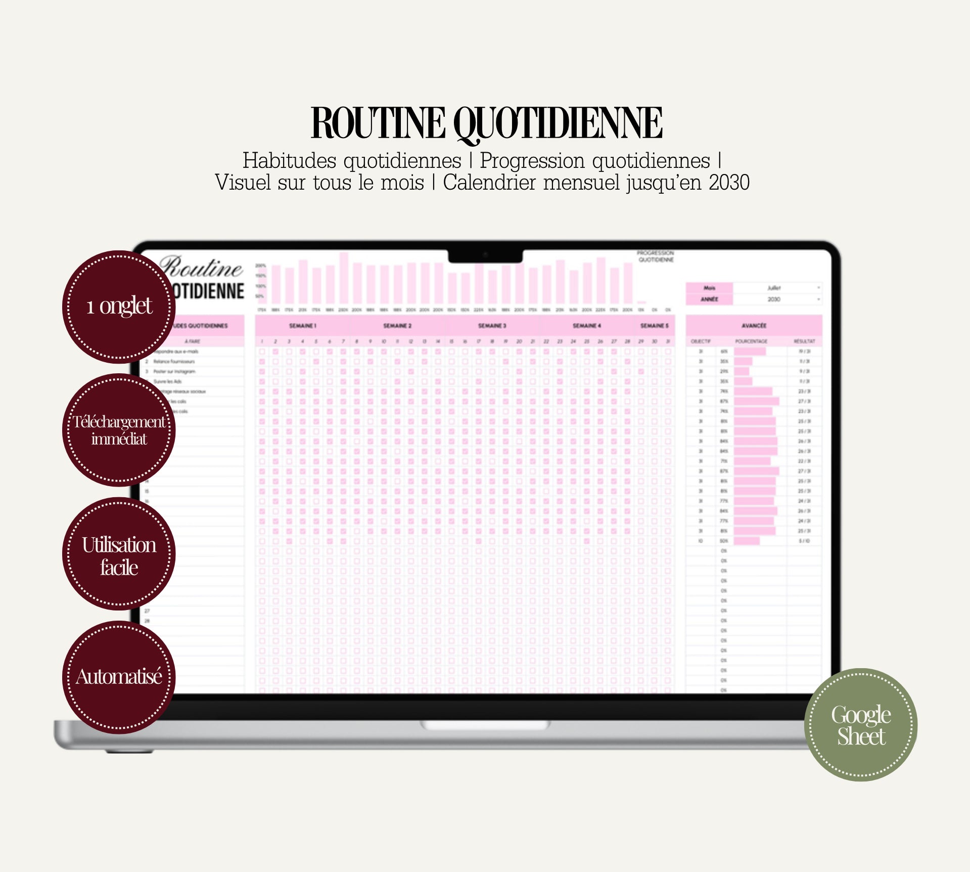 Routine Quotidienne – Planner Google Sheets pour Entrepreneur(e) Beauté