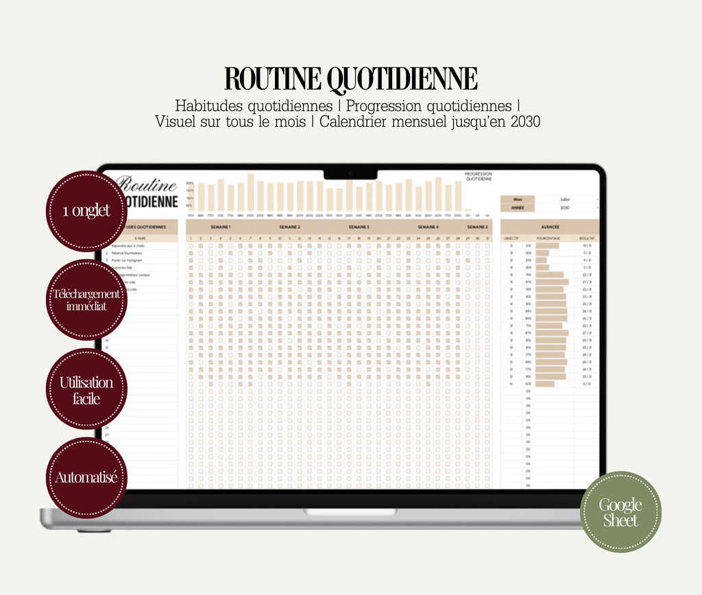 Routine Quotidienne – Planner Google Sheets pour Entrepreneur(e) Beauté