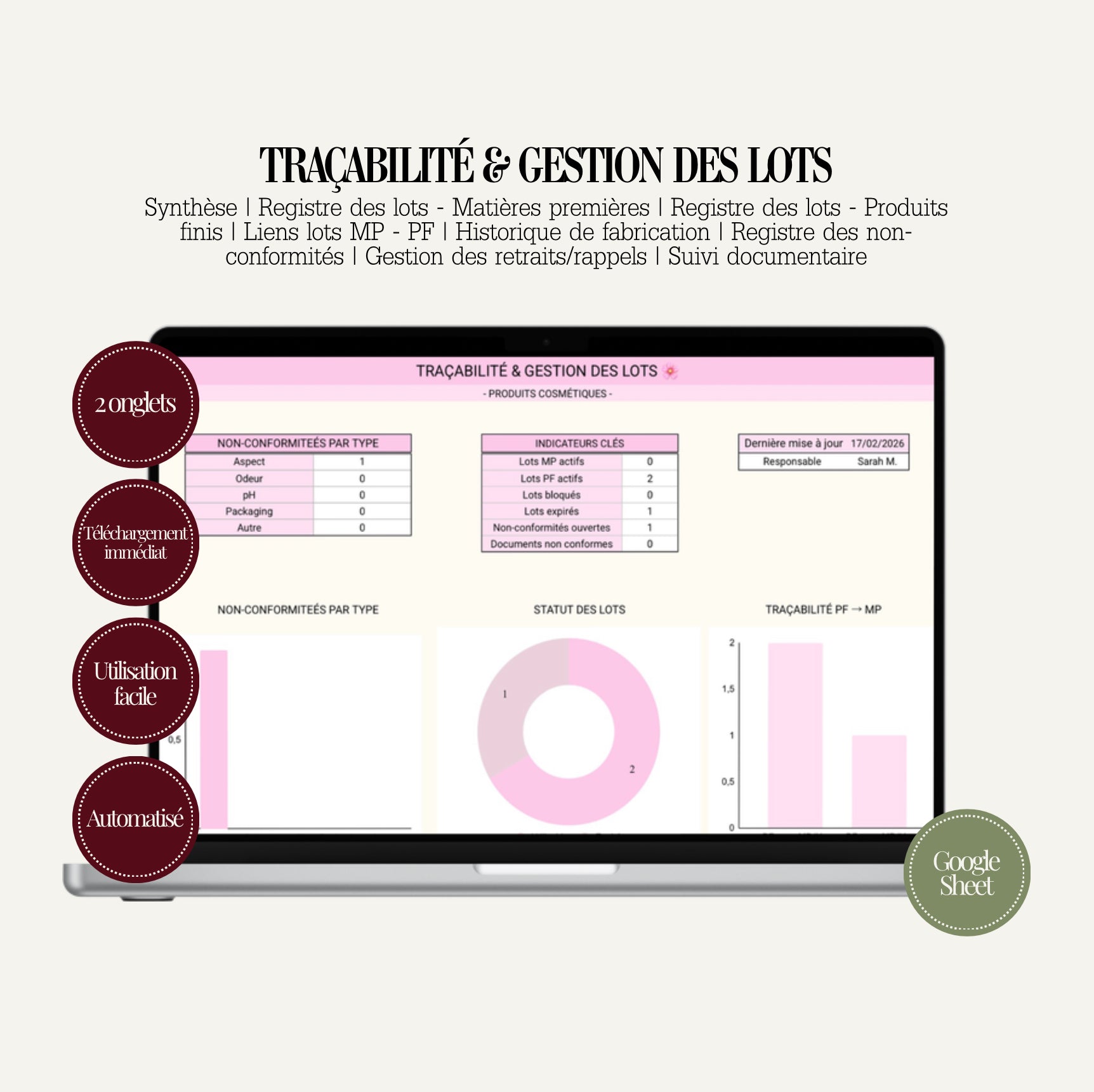 Traçabilité & Gestion des Lots Cosmétique – Google Sheets Professionnel