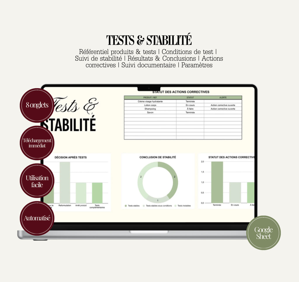Tests & Stabilité pour produit cosmétique – Suivi Complet Google Sheets