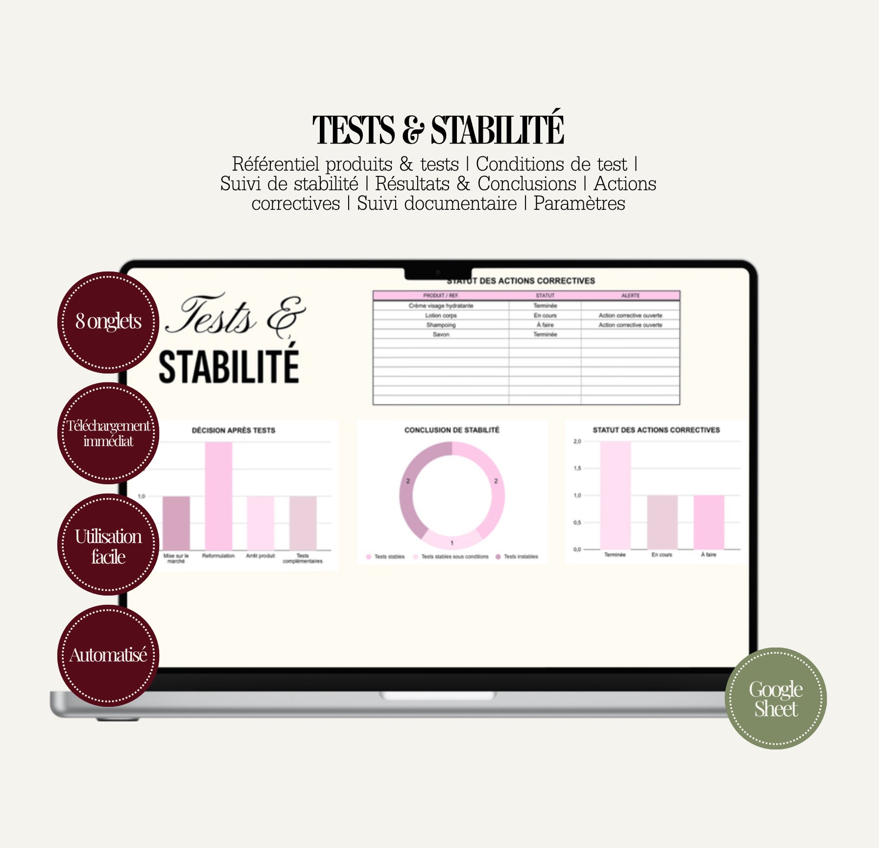Tests & Stabilité pour produit cosmétique – Suivi Complet Google Sheets