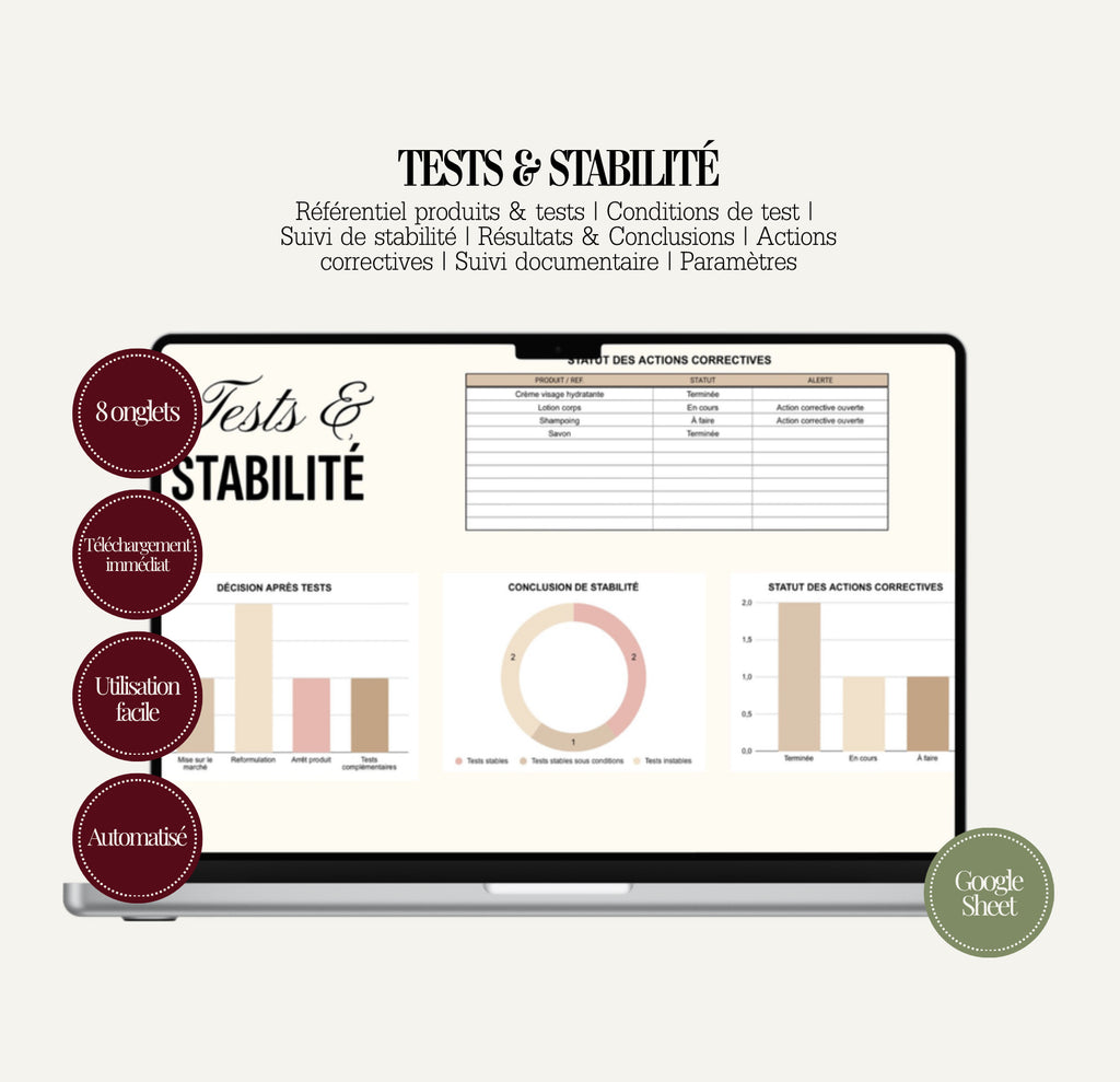 Tests & Stabilité pour produit cosmétique – Suivi Complet Google Sheets
