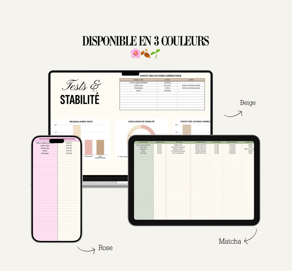 Tests & Stabilité pour produit cosmétique – Suivi Complet Google Sheets