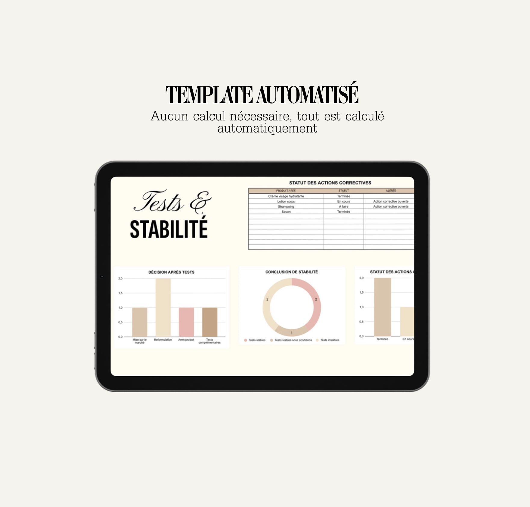 Tests & Stabilité pour produit cosmétique – Suivi Complet Google Sheets