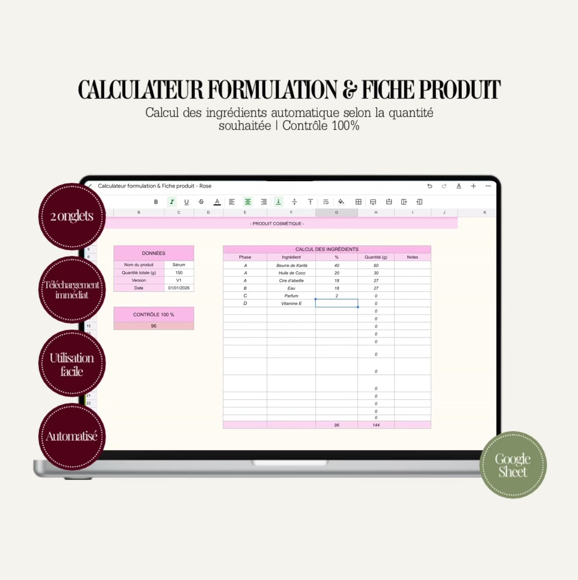 Calculateur Formulation & Fiche Produit Cosmétique – Template Google Sheets Professionnel