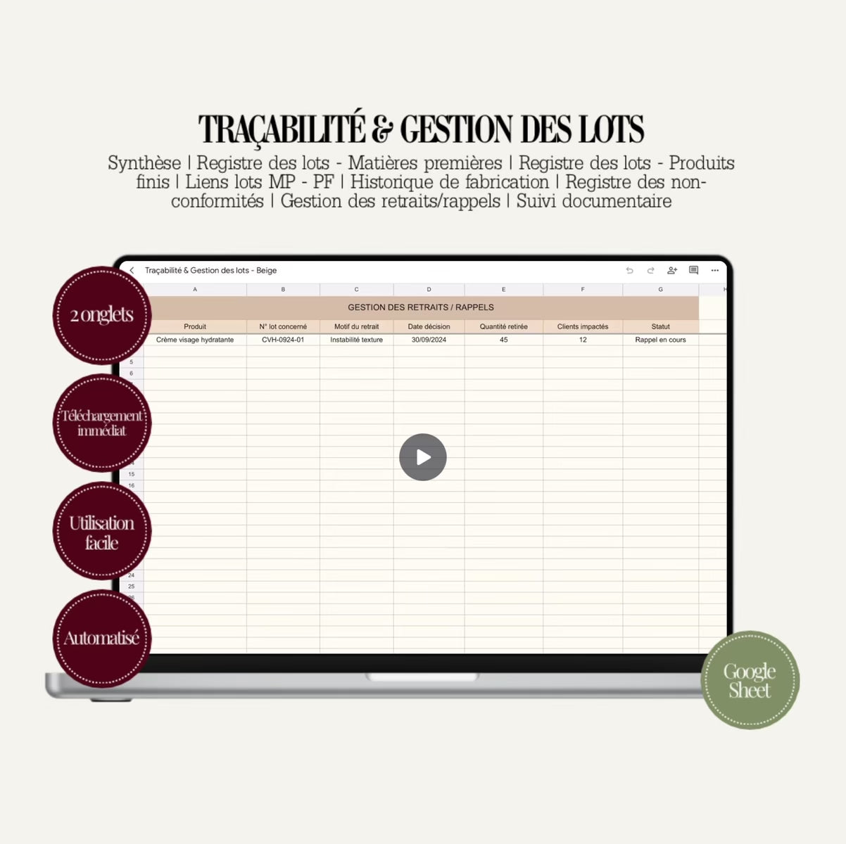 Traçabilité & Gestion des Lots Cosmétique – Google Sheets Professionnel