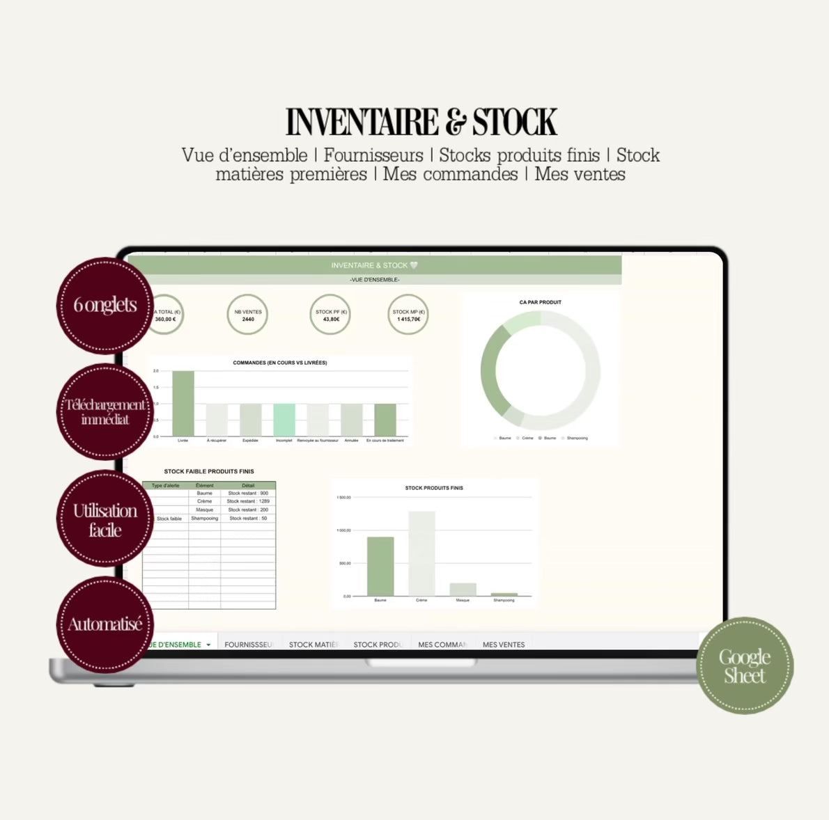 Inventaire & Stock – Gestion Complète Google Sheets pour Marque Beauté