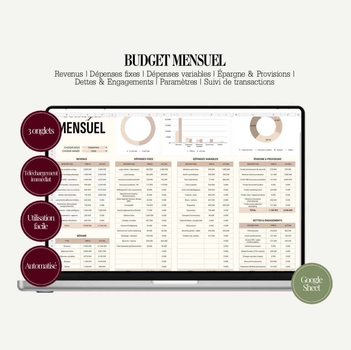 Budget Mensuel – Google Sheets | Gestion Finance Personnelle & Business Beauté