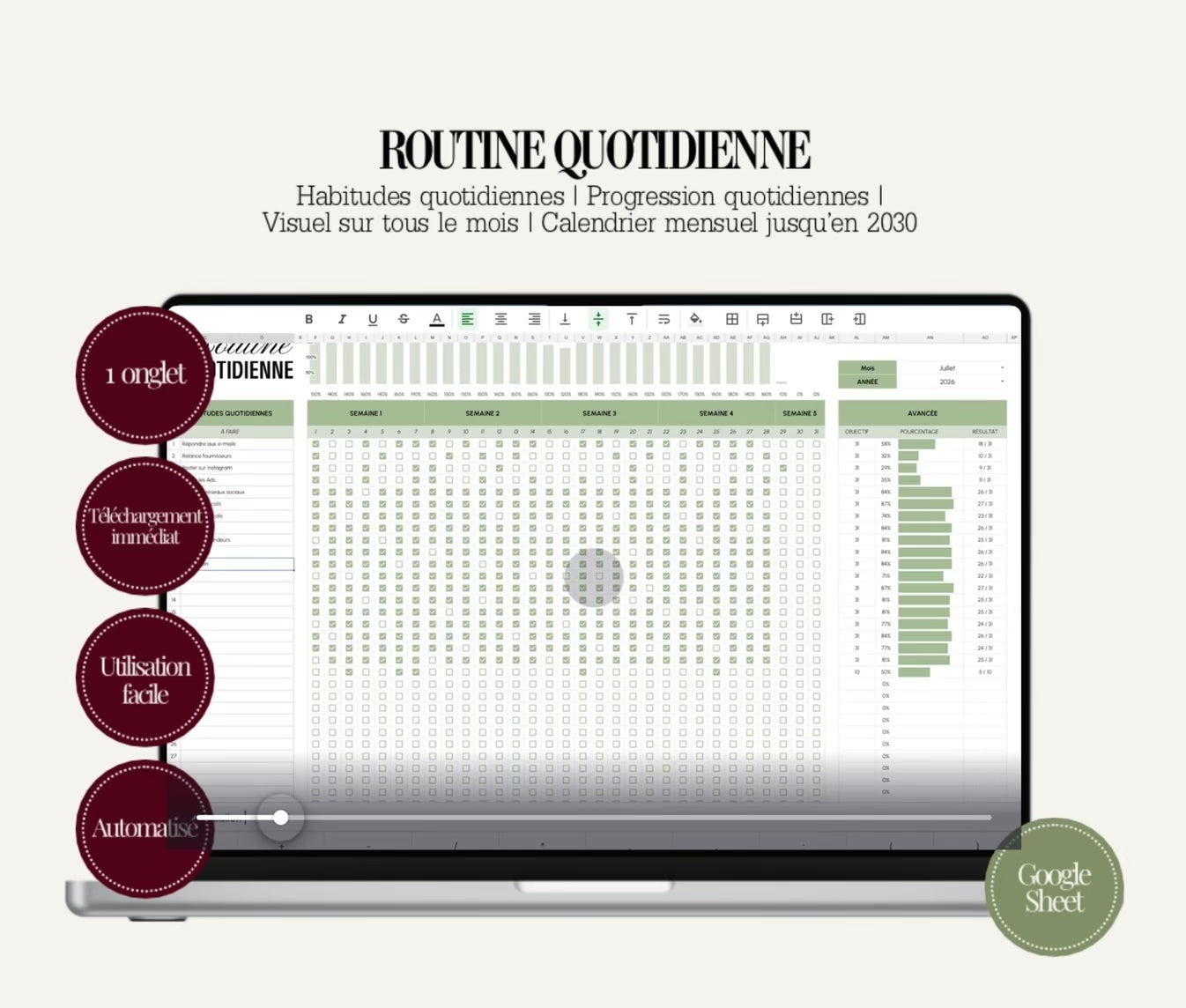 Routine Quotidienne – Planner Google Sheets pour Entrepreneur(e) Beauté