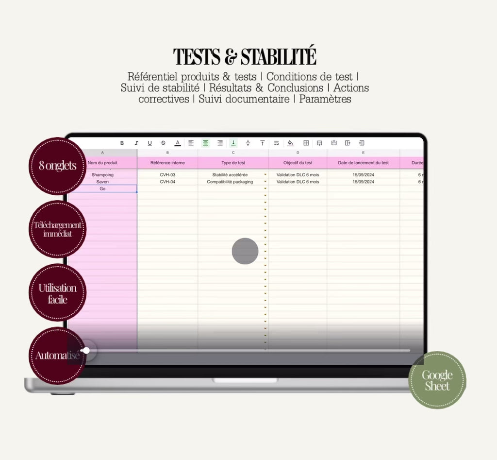 Tests & Stabilité pour produit cosmétique – Suivi Complet Google Sheets